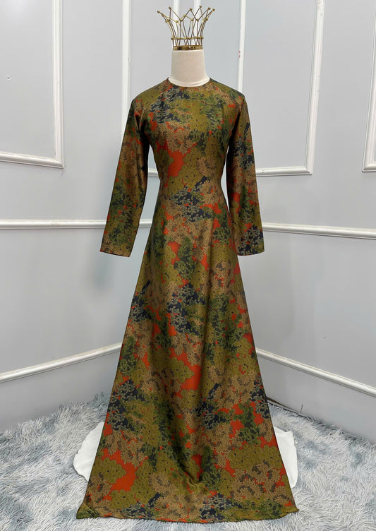 H148 Áo only -Áo dài lụa xanh cam họa tiết hoa