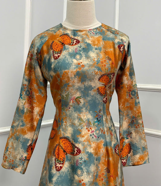 H154 Áo only - Áo dài màu cam xanh họa tiết bướm