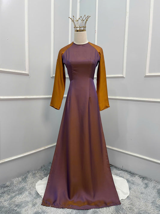 H153 Áo only - Áo dài lụa 2da nâu vàng