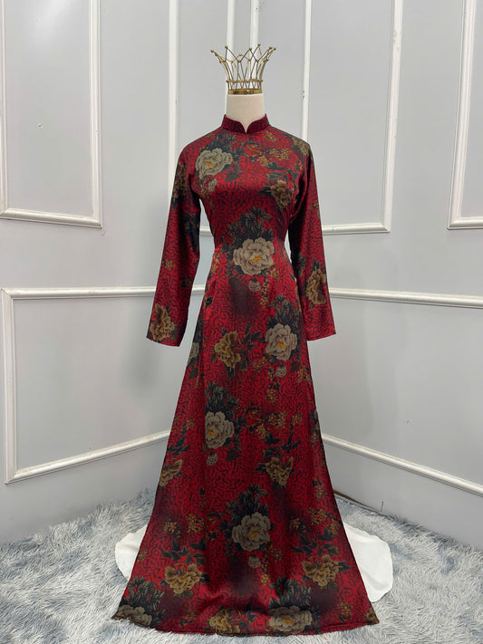 H169 Áo only - Áo dài in hoa nền đỏ