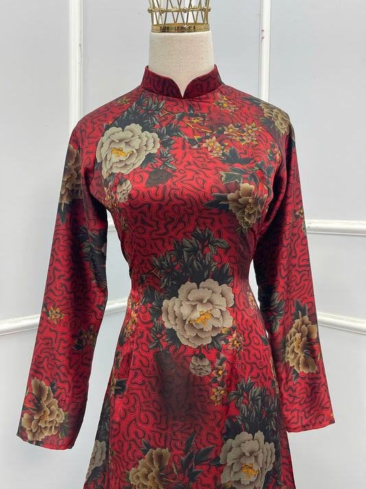 H169 Áo only - Áo dài in hoa nền đỏ