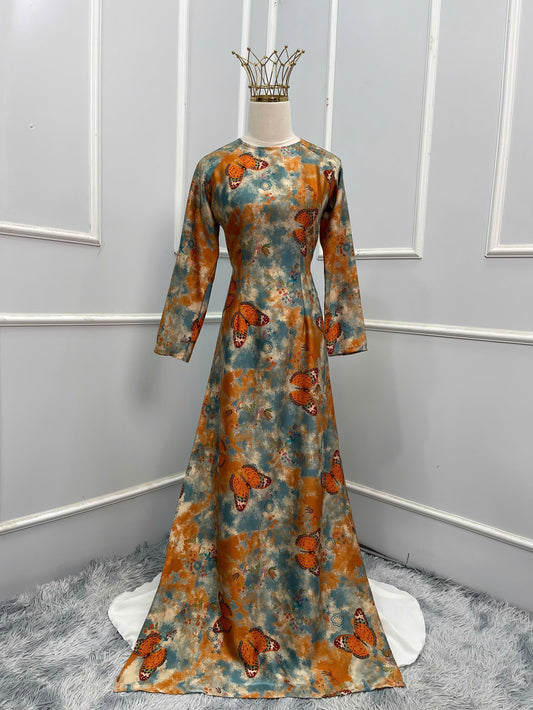 H154 Áo only - Áo dài màu cam xanh họa tiết bướm