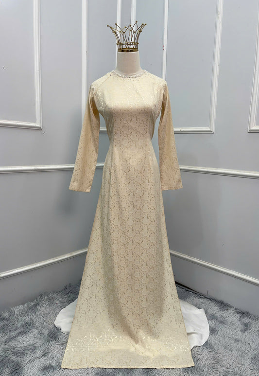 H161 Áo only - Áo dài lụa hoa trà màu be cổ đính