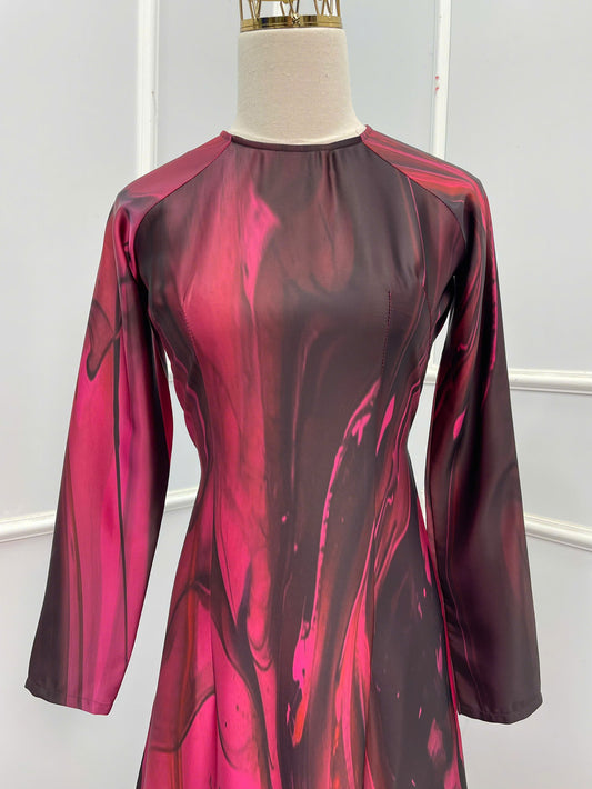 H163 Áo only - Áo dài gấm loang hồng sen