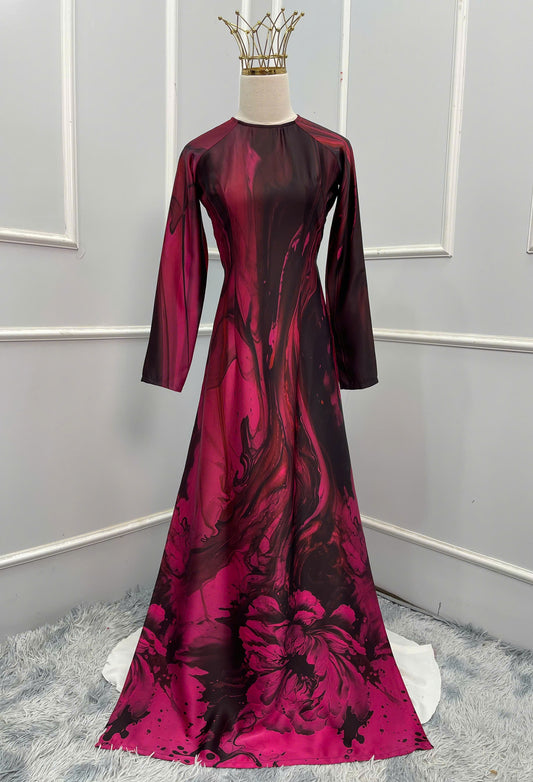 H163 Áo only - Áo dài gấm loang hồng sen