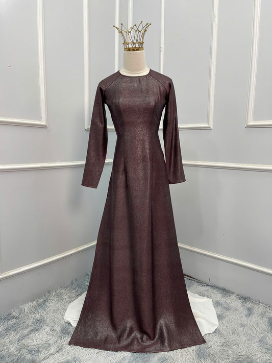 H166 Áo only - Áo dài gấm nhũ màu nâu tây