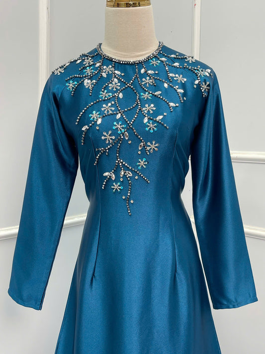 S203 Áo only - Áo dài lụa ruby đính đá màu xanh cổ vịt