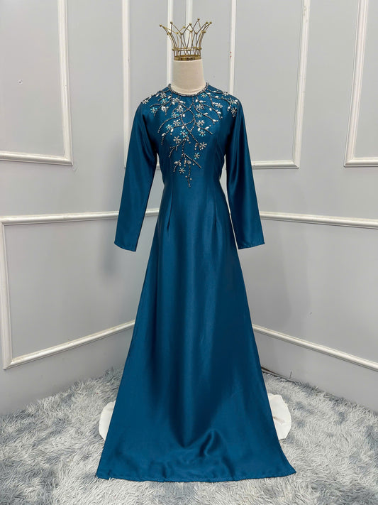 S203 Áo only - Áo dài lụa ruby đính đá màu xanh cổ vịt