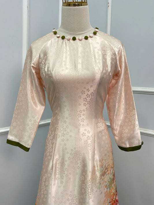 H168 Áo only - Áo dài lụa gấm in cổ cúc bọc