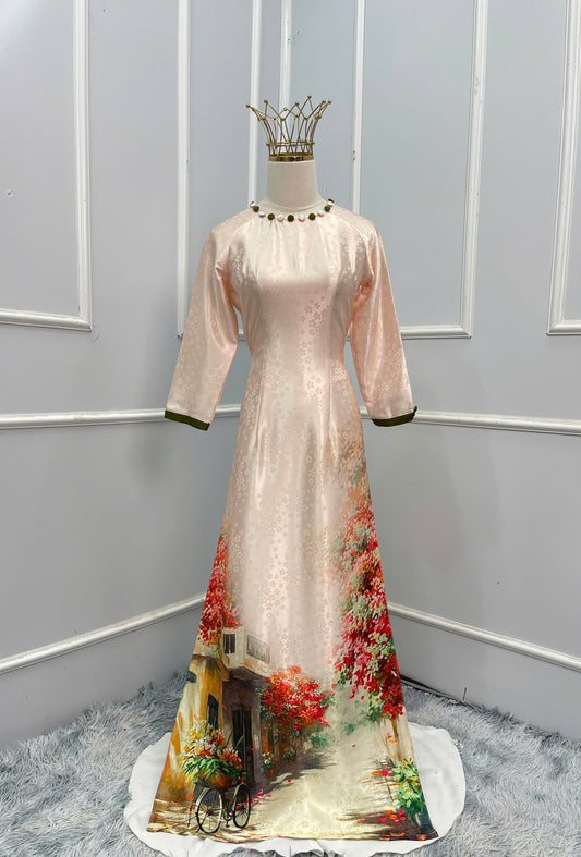 H168 Áo only - Áo dài lụa gấm in cổ cúc bọc