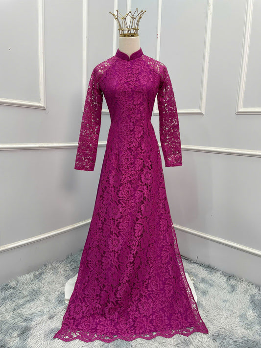 H156 Áo only - Áo dài ren 4 tà màu tím