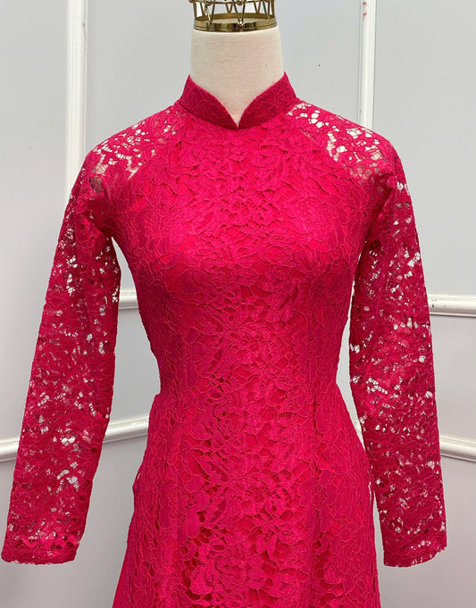 H155 Áo only - Áo dài ren 4 tà màu hồng sen