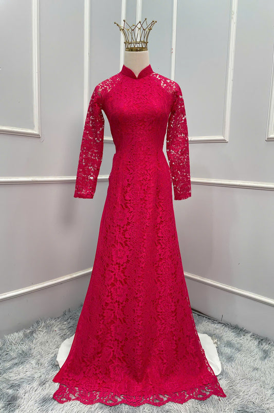 H155 Áo only - Áo dài ren 4 tà màu hồng sen