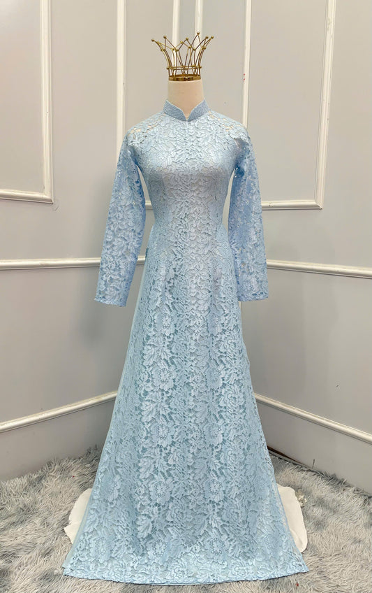 H157 Áo only - Áo dài ren 4 tà màu xanh da trời