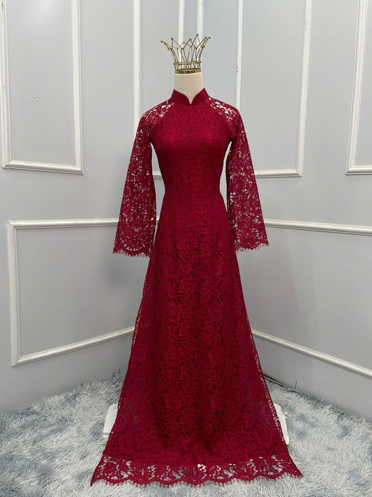H158 Áo only - Áo dài ren 4 tà màu đỏ đô