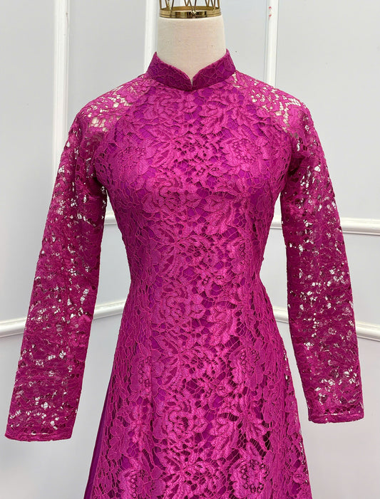 H156 Áo only - Áo dài ren 4 tà màu tím