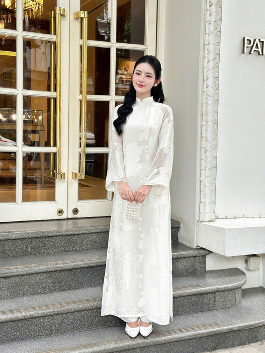 H226 1361 Áo only - Áo dài tơ silk màu trắng