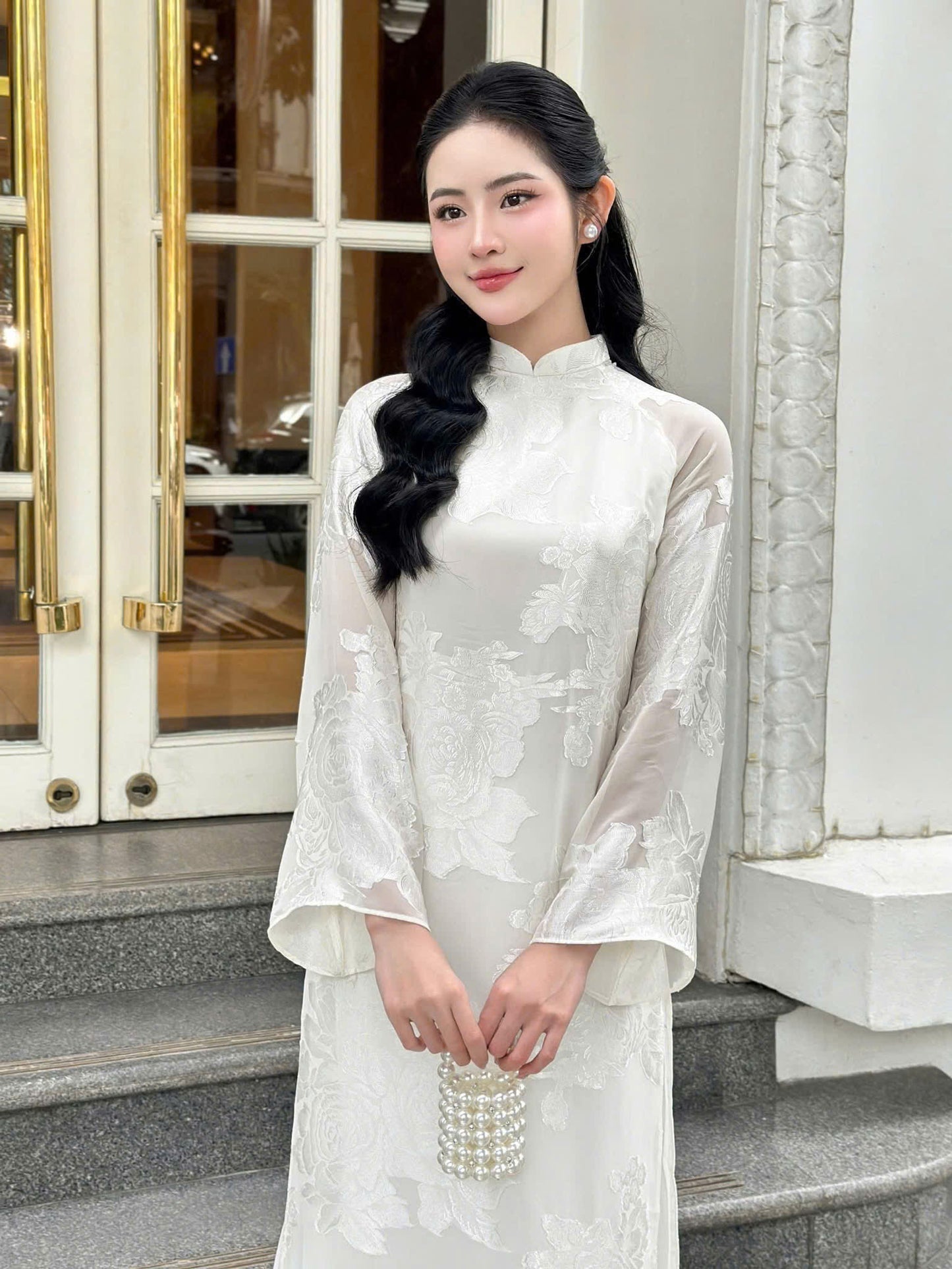 H226 1361 Áo only - Áo dài tơ silk màu trắng