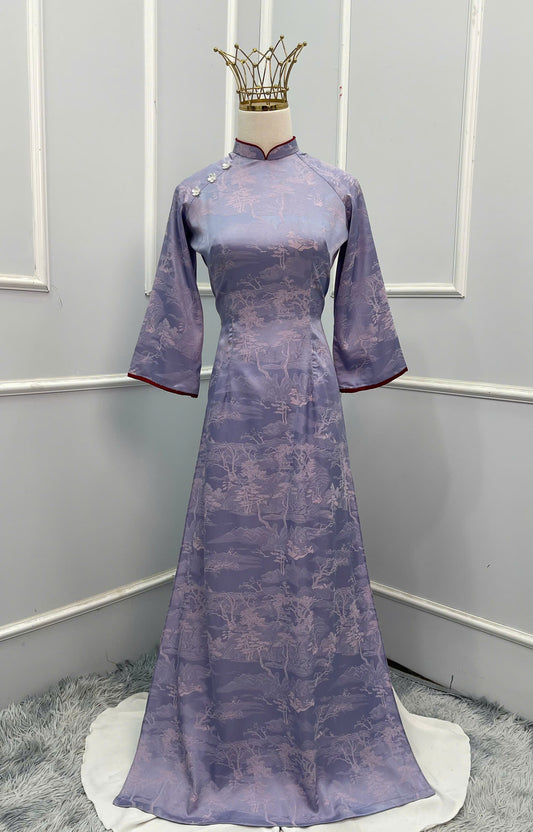 H190 Áo + quần - Áo dài lụa gấm màu tím + quần váy mã não đỏ đậm