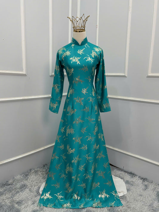 H174 Áo only - Áo dài lụa dubai màu xanh lý