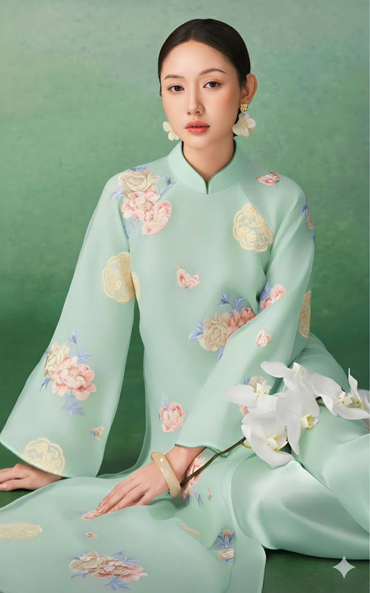 T516 Áo only - Áo dài tơ thêu 4 tà xanh ngọc