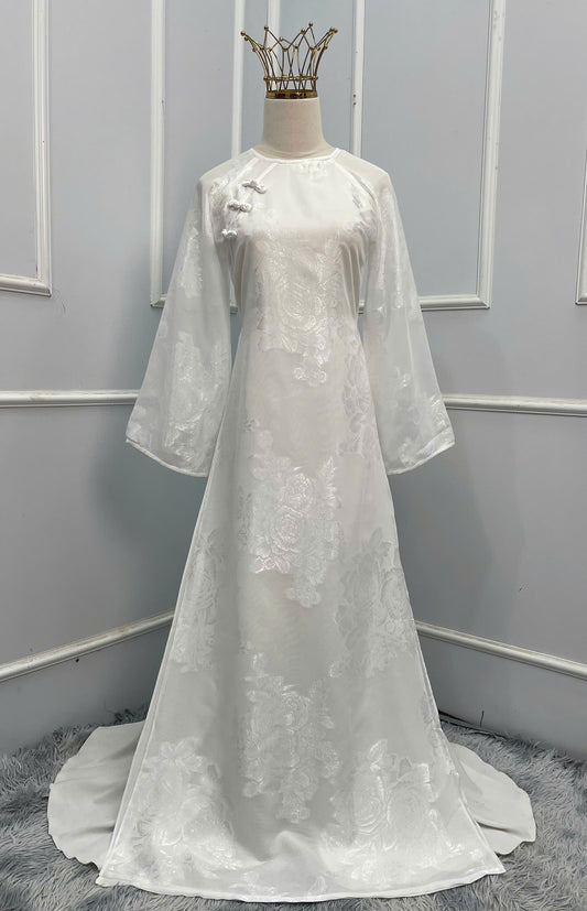 H180 Áo only - Áo dài lụa tơ silk màu trắng đính cúc
