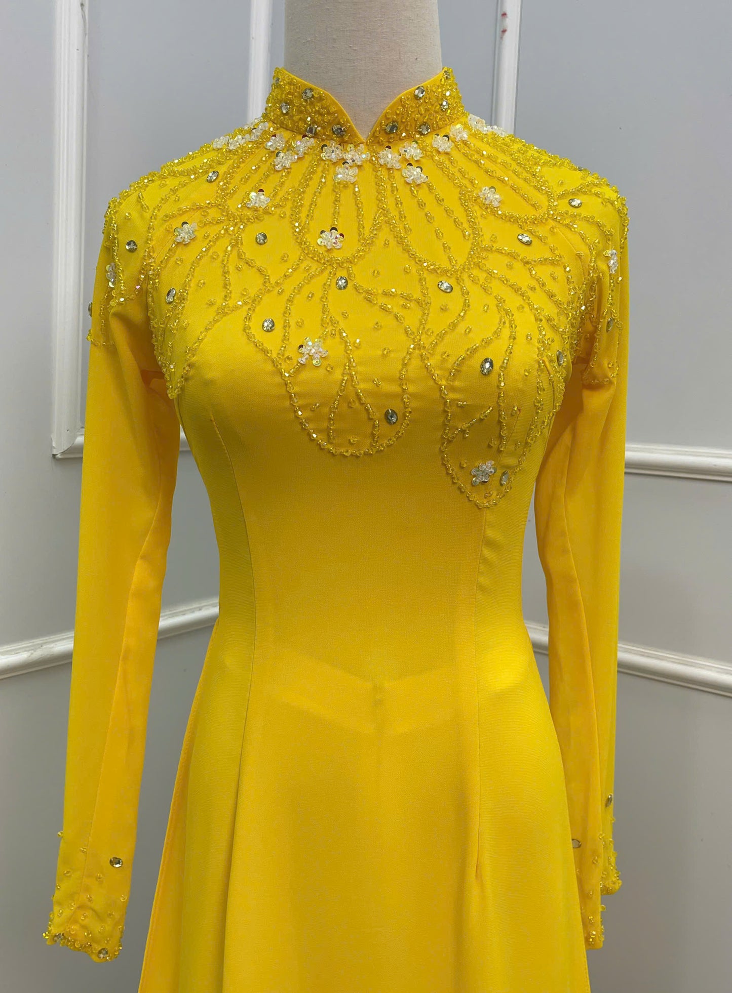 S204 Áo only - Áo dài lụa chiffon đính kết màu vàng