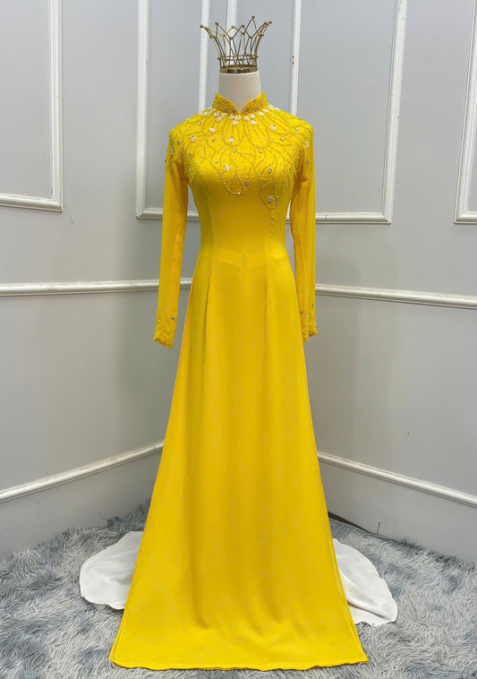 S204 Áo only - Áo dài lụa chiffon đính kết màu vàng