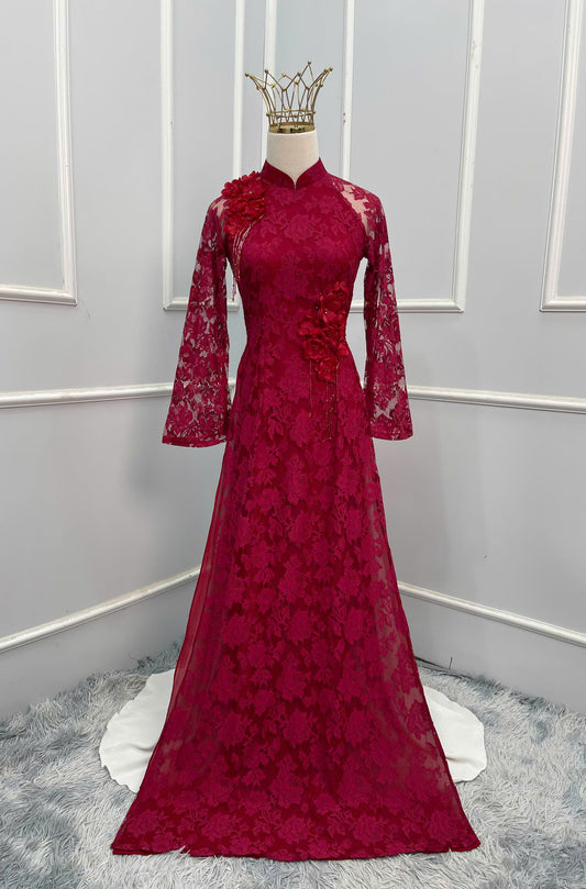 H580 Áo only - Áo ren đỏ đính hoa nổi cao cấp