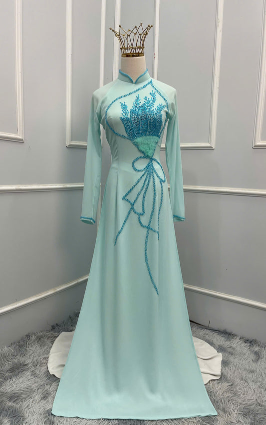 S208 1312 Áo only - Áo dài thiết kế đính kết màu xanh da trời