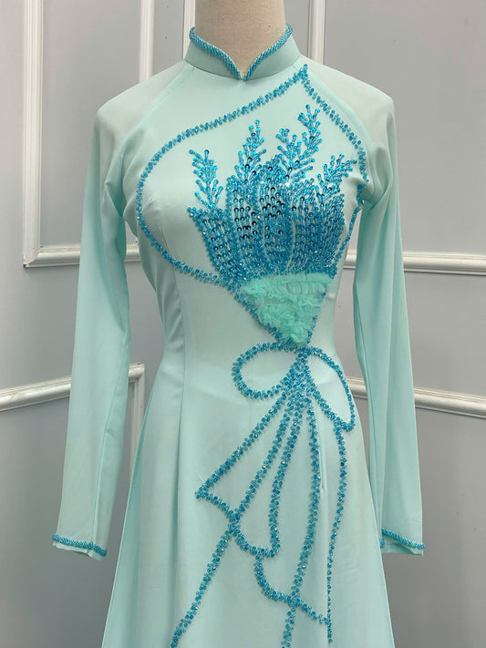 S208 1312 Áo only - Áo dài thiết kế đính kết màu xanh da trời