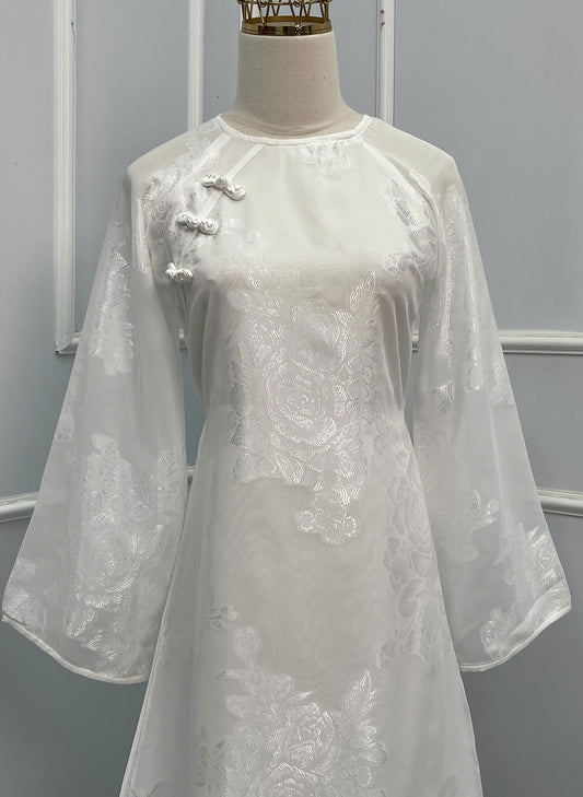 H180 Áo only - Áo dài lụa tơ silk màu trắng đính cúc