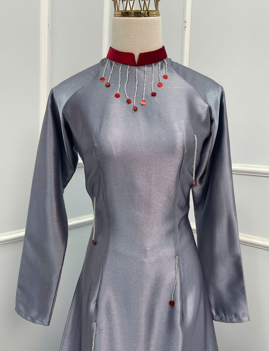 H184 Áo only - Áo dài lụa ruby đính kết
