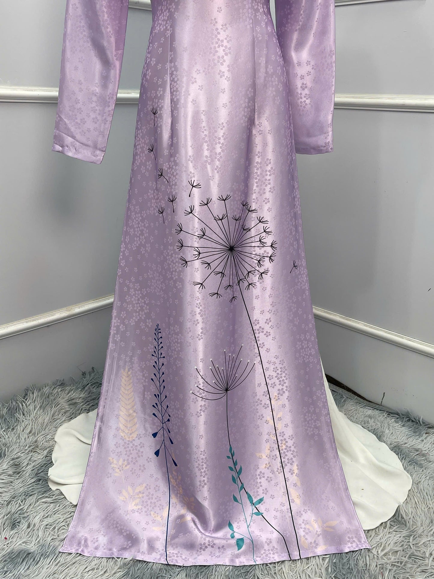 H183 Áo only - Áo dài lụa hoa mai in 3D màu tím cà