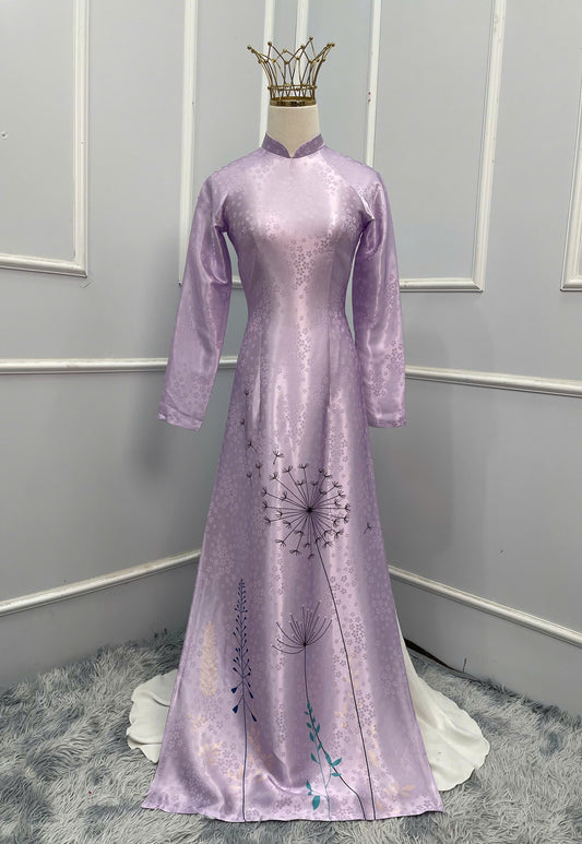 H183 Áo only - Áo dài lụa hoa mai in 3D màu tím cà