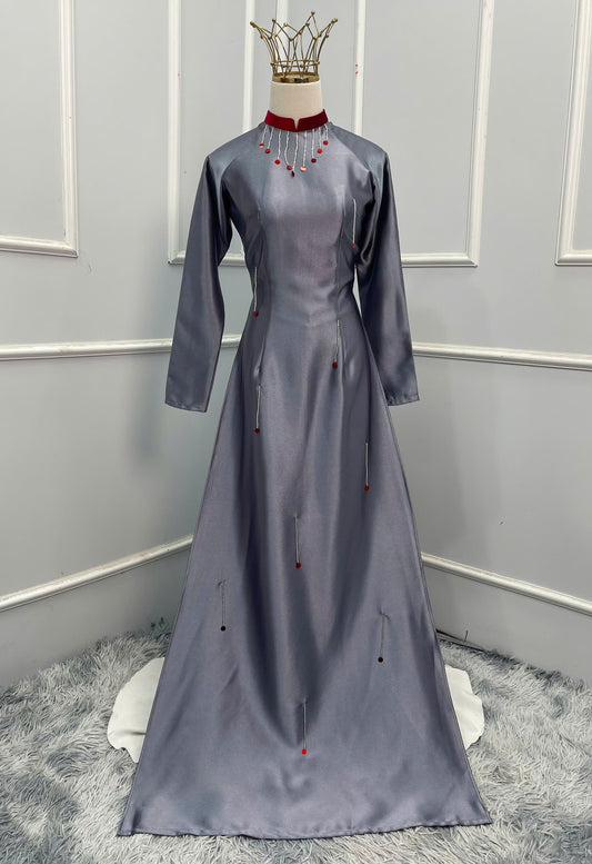 H184 Áo only - Áo dài lụa ruby đính kết