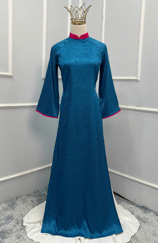 H179 Áo only - Áo dài gấm màu xanh cổ vịt