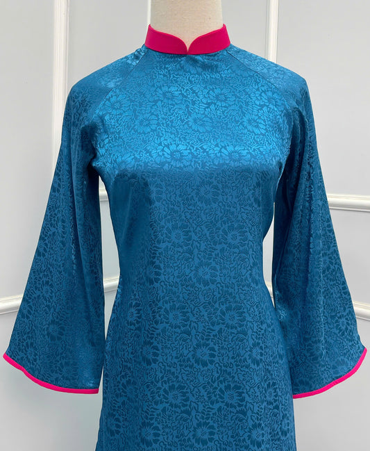 H179 Áo only - Áo dài gấm màu xanh cổ vịt