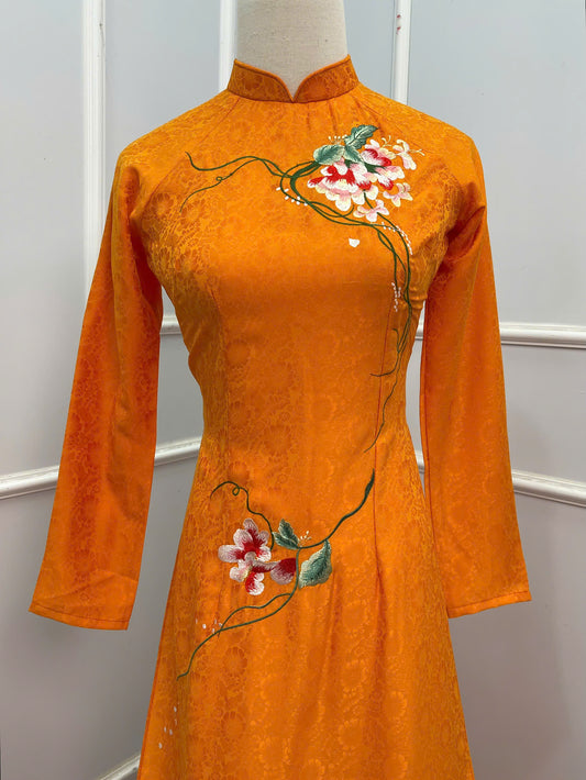 T602 1316 Áo only - Áo dài lụa hoa trà màu cam