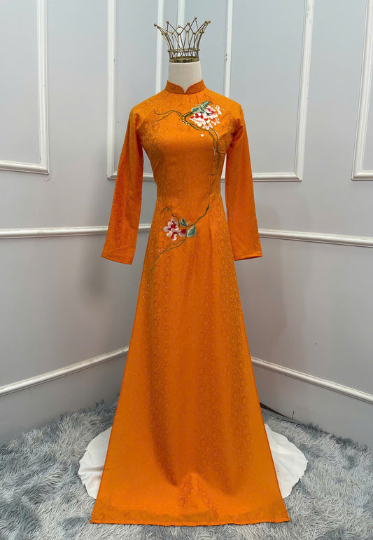 T602 1316 Áo only - Áo dài lụa hoa trà màu cam