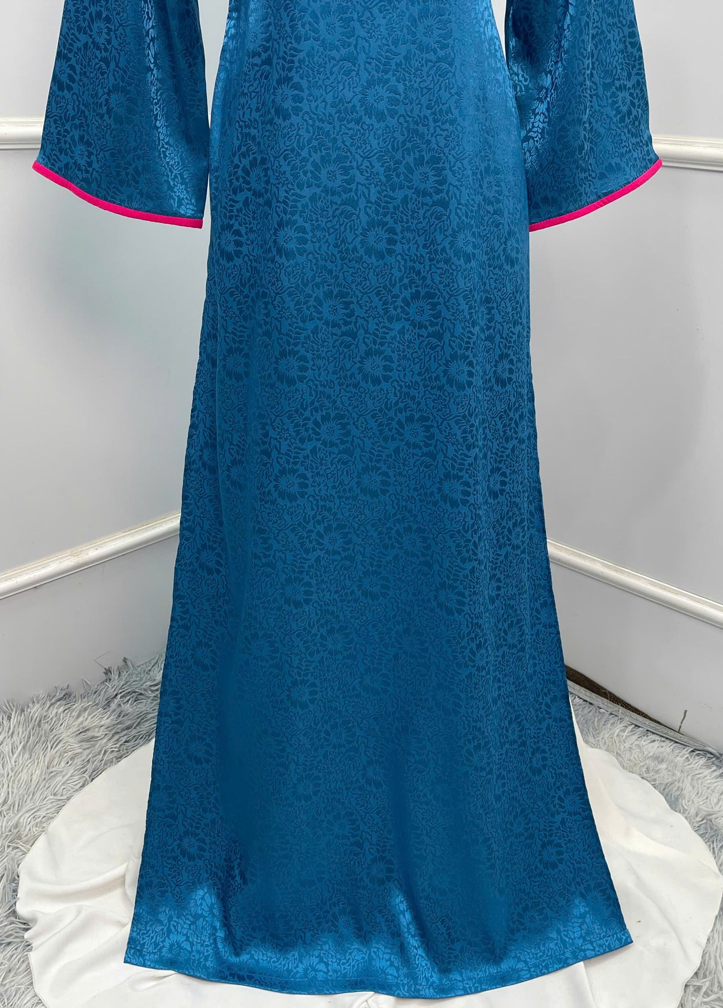 H179 Áo only - Áo dài gấm màu xanh cổ vịt