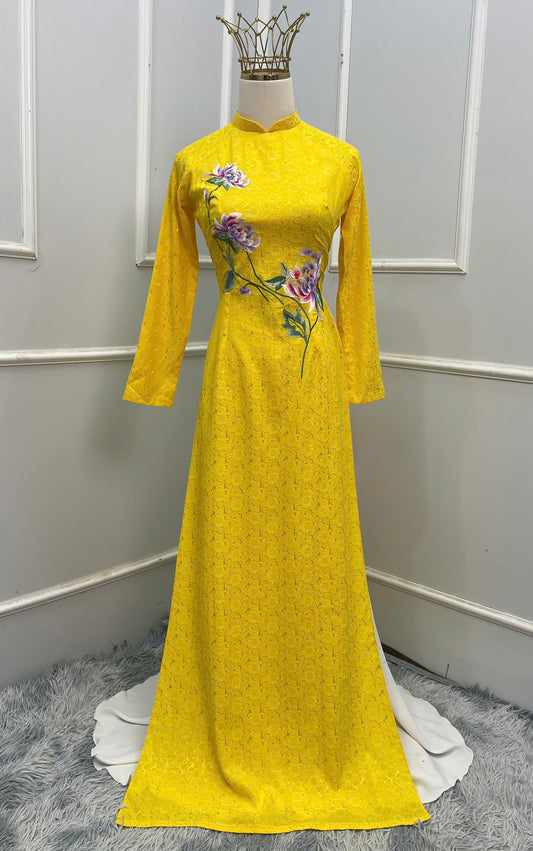 T601 1315 Áo only - Áo dài lụa hoa trà màu vàng