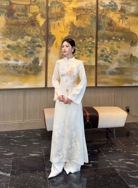 H191 Áo only - Áo dài trắng thêu hoa sen