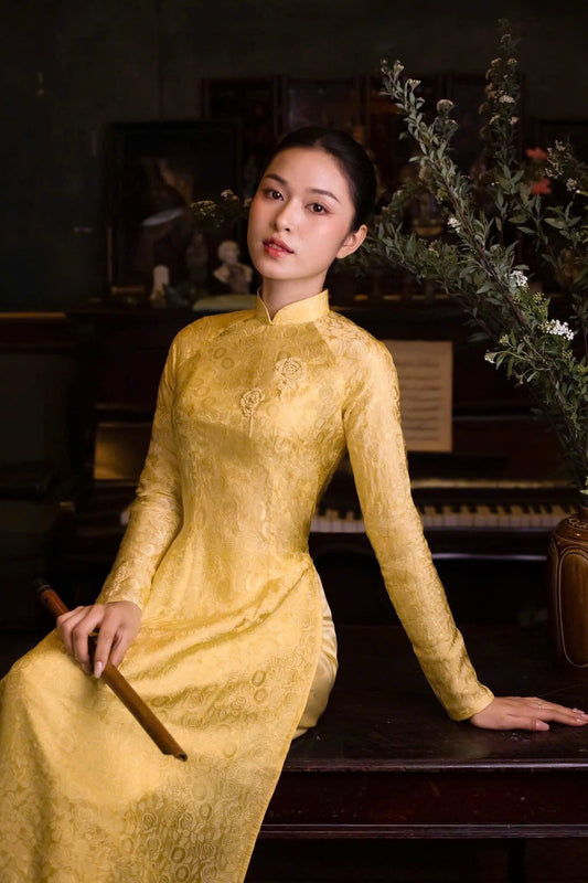 HD108 Áo only - Áo dài lụa hà đông đính ngọc màu vàng