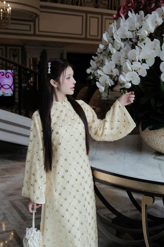 H199 H200 1339 - Áo dài lụa tơ voan đính ngọc