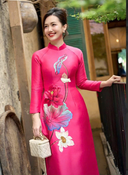 T604 Áo only no pants - Áo dài lụa ruby màu hồng sen thêu