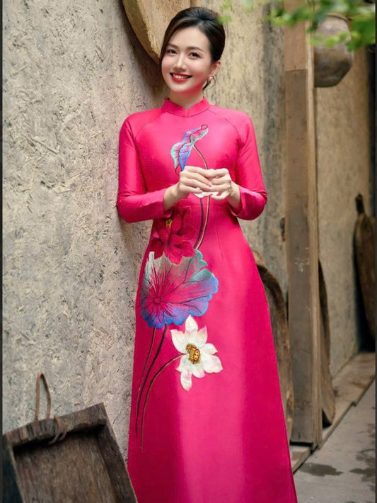 T604 Áo only - Áo dài lụa ruby màu hồng sen thêu