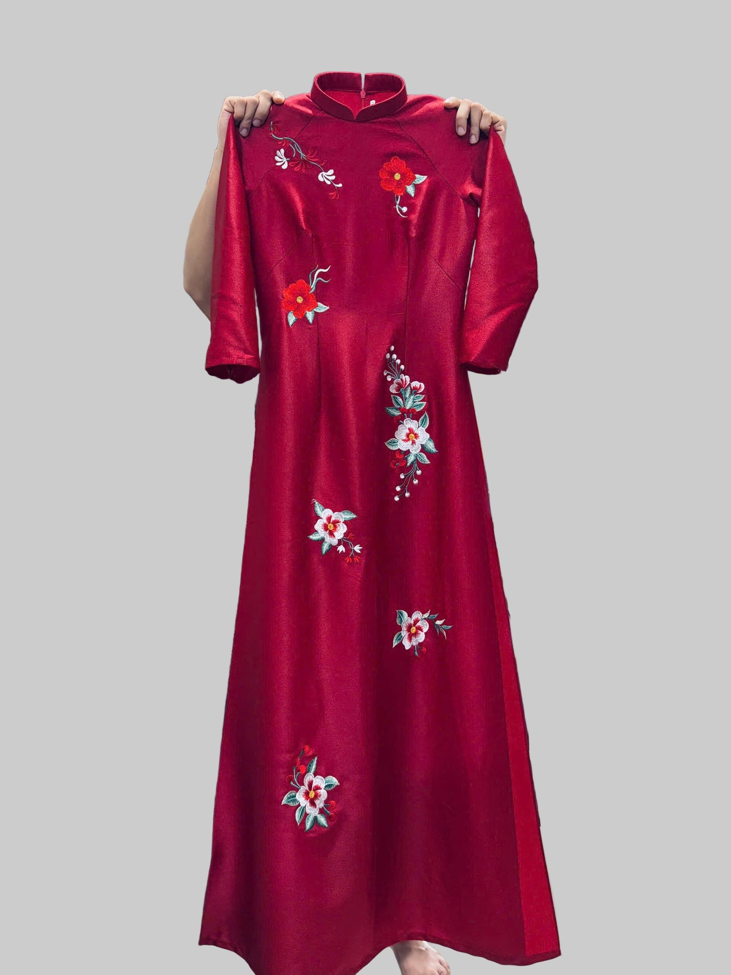 T603 Áo only - Áo dài lụa ánh sao thêu hoa đỏ