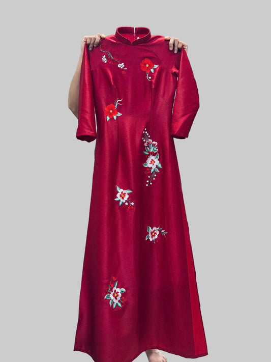 T603 Áo only - Áo dài lụa ánh sao thêu hoa đỏ