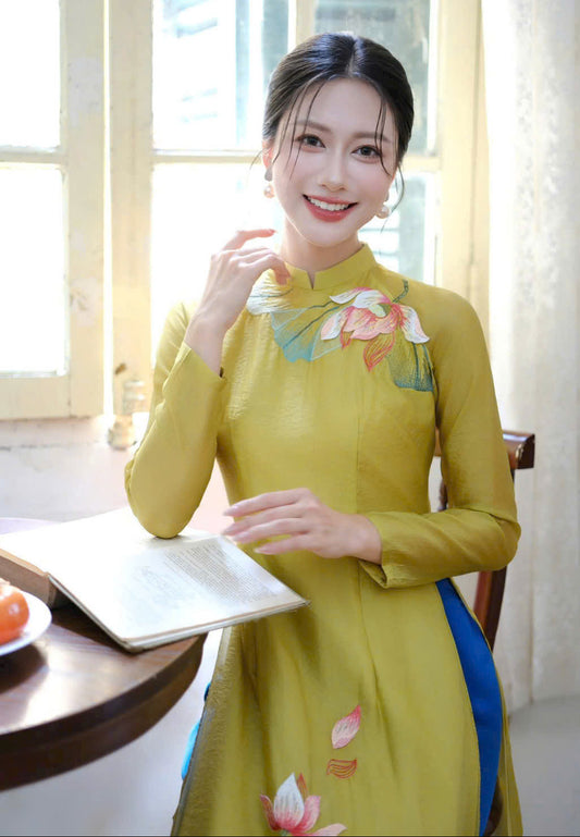 T606 1335 Áo only - Áo dài tơ 4 tà thêu hoa sen